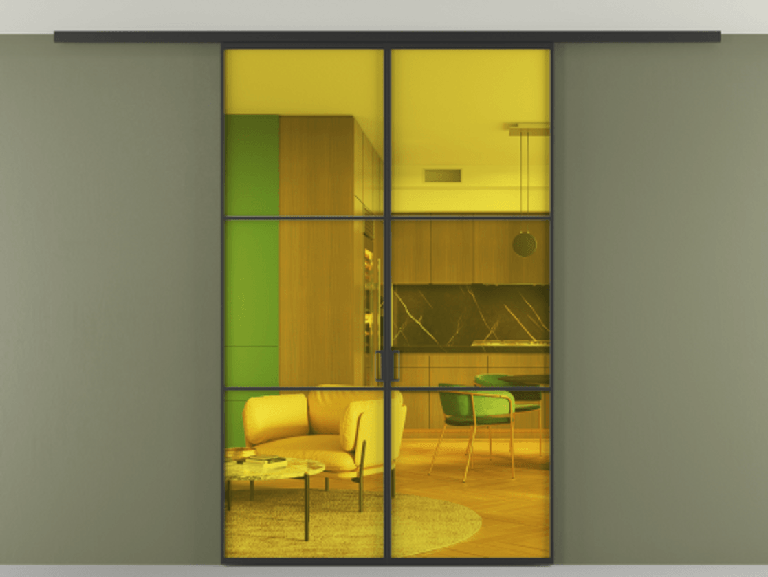 Перегородка Формато вдоль стены на потолок 2 створки АЛПР 040.03 Алюминий Черный Прозрачное жёлтое стекло, триплекс Цена 187440 ₽ | Volhovec