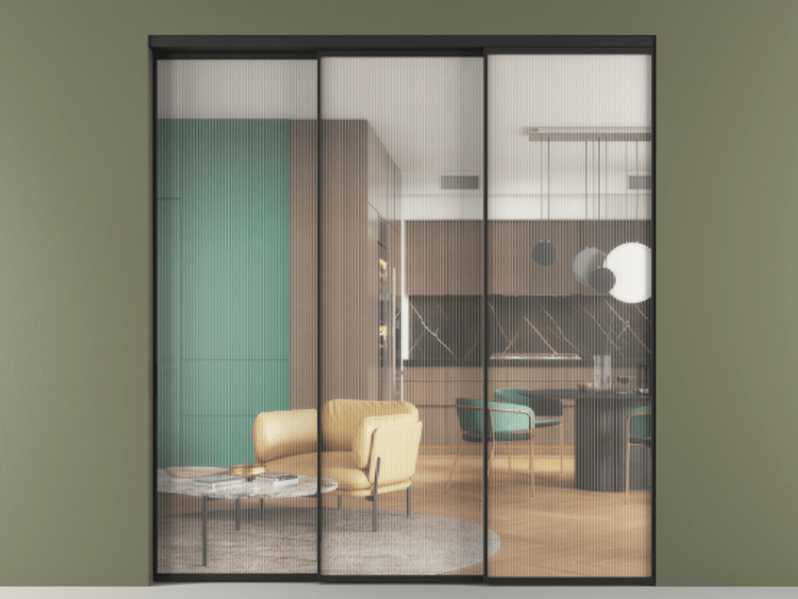 Перегородка Формато внутри проёма 3 створки с синхронным механизмом АЛПР 040.01 Алюминий Черный Рифлёное стекло "Мору", триплекс Цена 379900 ₽  | Volhovec