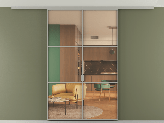 Алюминевая перегородка АЛПР 040.03_АНСР_ПРОЗ ОРАНЖ_new. Цвет Алюминий нейтральный серый. Материал Алюминий в эмали. Коллекция Перегородка Формато вдоль стены на потолок 2 створки. Картинка.