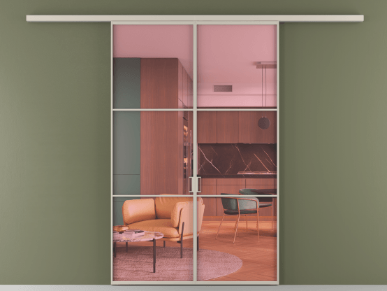 Алюминевая перегородка АЛПР 040.03_АСБЖ_ПРОЗ РОЗ_new. Цвет Алюминий светло-бежевый. Материал Алюминий в эмали. Коллекция Перегородка Формато вдоль стены 2 створки. Картинка.