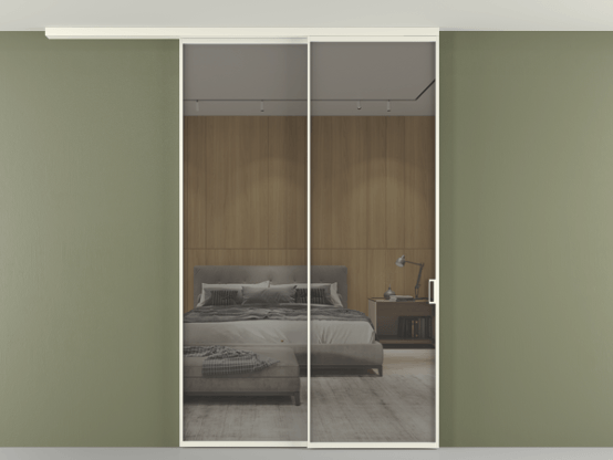 Алюминевая перегородка АЛПР 040.01_АЖМ_Stopsol Grey_new. Цвет Алюминий жемчужный. Материал Алюминий в эмали. Коллекция Перегородка Formato вдоль стены на потолок 2 створки с синхронным механизмом. Картинка.